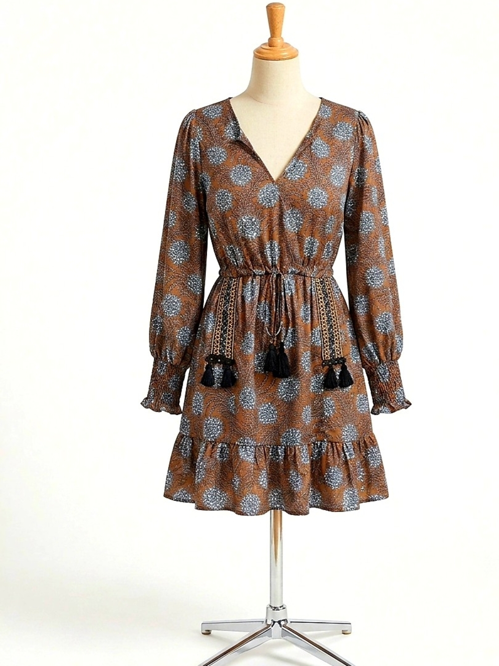💫MEISIE Boho Floral Mini Dress with Tassel Detail 🌸 Size Small 💫